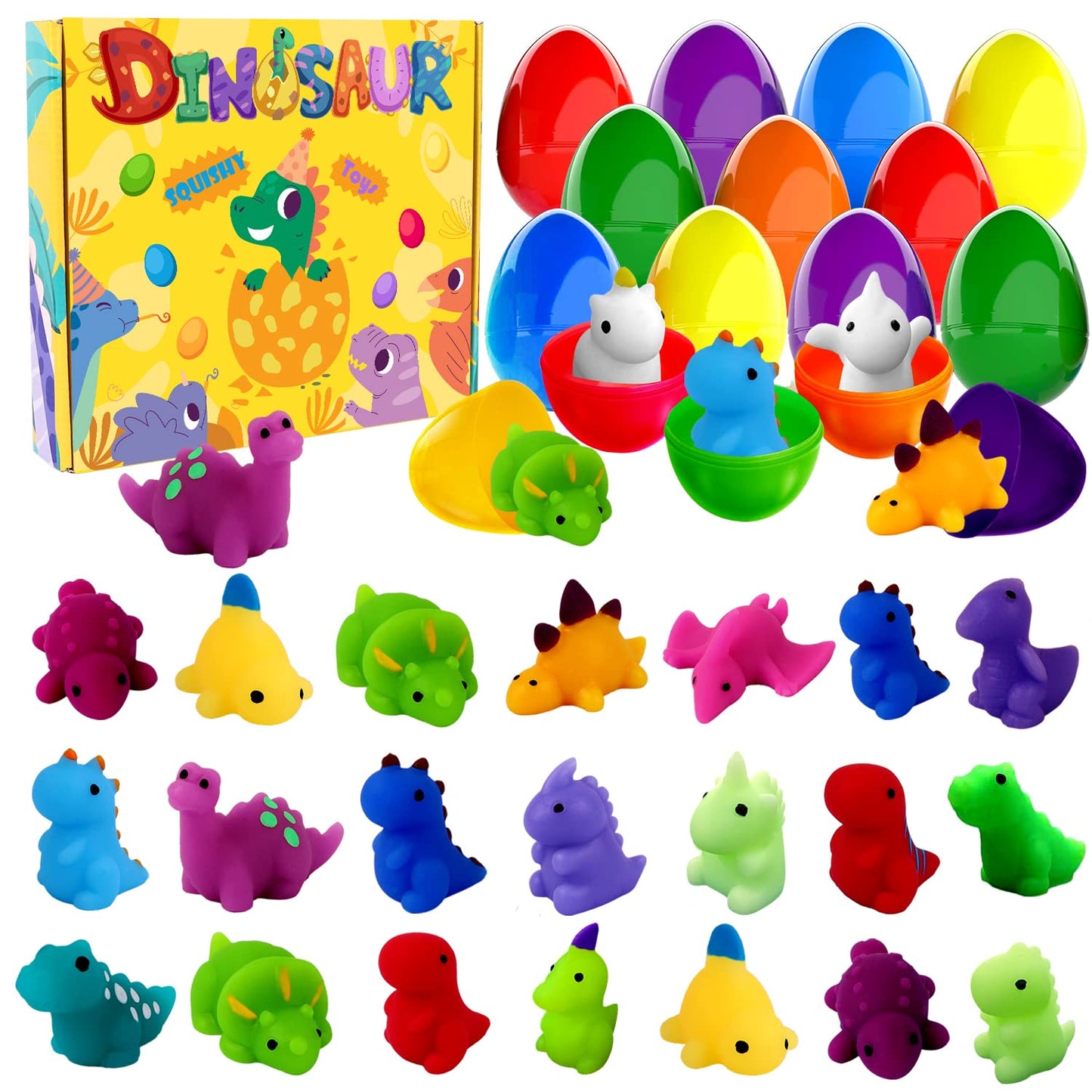 JOICEE 24pcs Dinosaur Squishy Toy Prefilled Easter Eggs Kawaii Mochi Squishies Stress Relief Toys Filled Plastic Easter Eggs for Easter Basket Stuffers Party Favor Egg Hunt for Kids 2Luckey