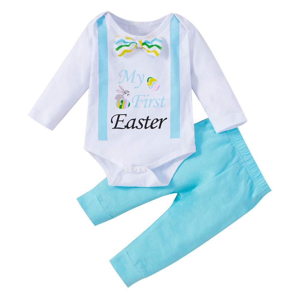 XIFAMNIY Baby Boys My 1st first Valentine/St.Patrick/Easter Day Outfit Gentleman Suit 3Pcs Pants and Top Sets Newborn (Easter-white 3-6 Months) 2Luckey