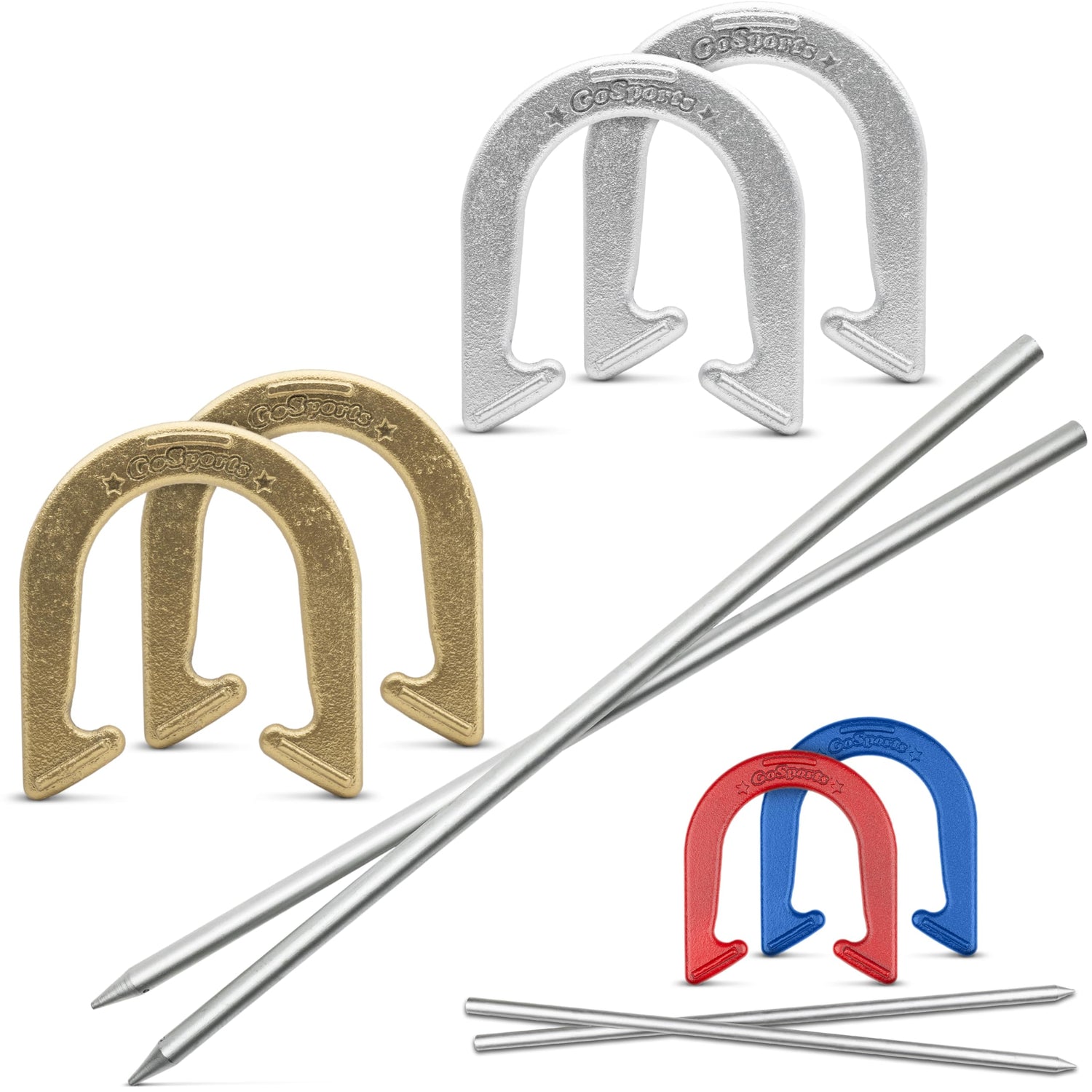GoSports Steel Horseshoes Outdoor Game Set - Official Size and Weight - Gold & Silver 2Luckey